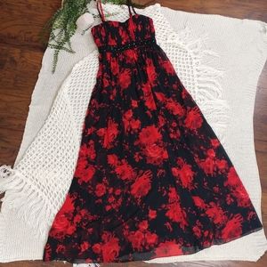 Guess Beaded Empire Waist red and black floral Maxi Dress size Small